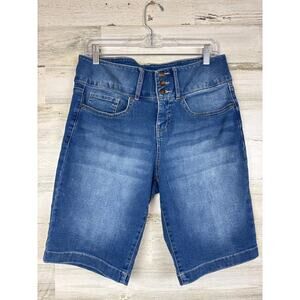 Royalty For Me Women’s 6 Blue Slim Stretch Bermuda Faded Button Zip Jean Shorts